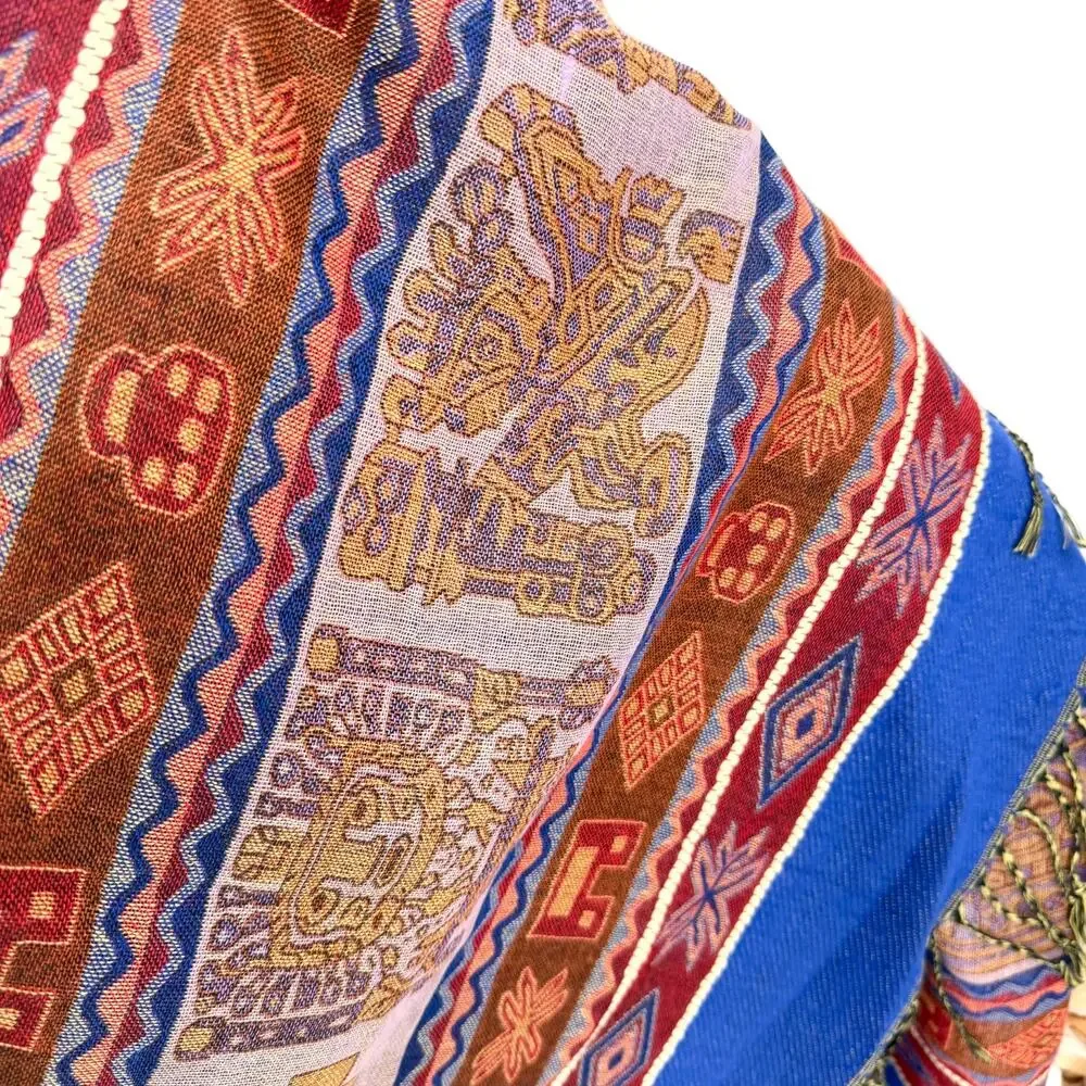 Blue Red 100% Wool Aztec Llama Tribal Scarf